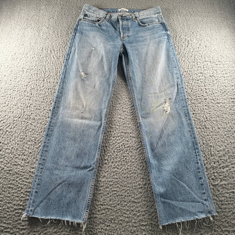 ASKKNY Jeans Womens 25 Low Rise Straight Berkeley Light Blue‎ Distressed Raw Hem